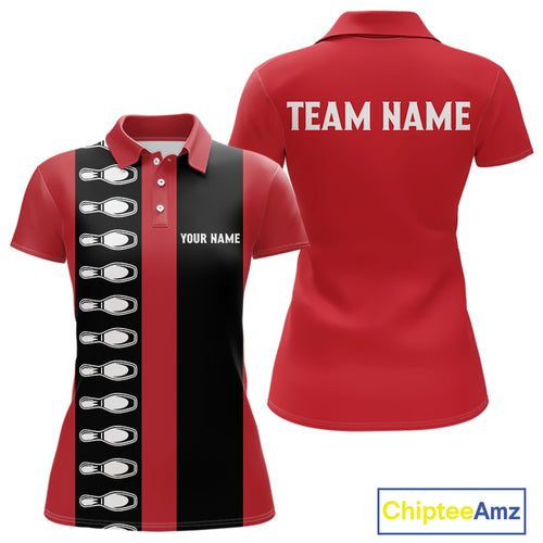 Red and black retro vintage Bowling polo, quarter zip shirts for Women custom Bowling team jerseys NQS10385