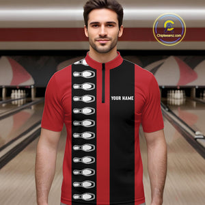 Red and black retro vintage Bowling polo, quarter zip shirts for men custom Bowling team jerseys NQS10385