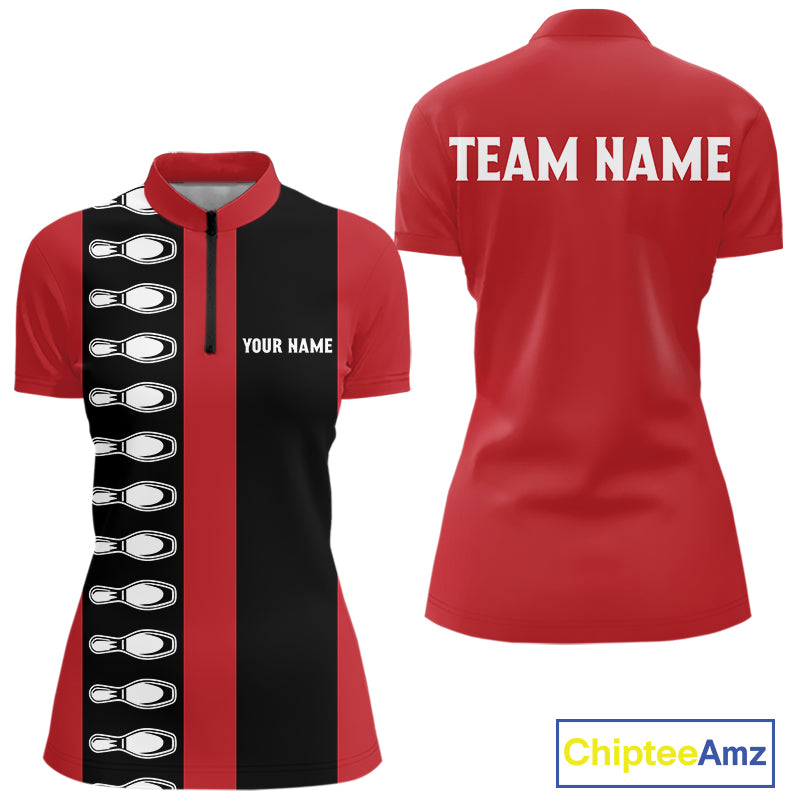 Red and black retro vintage Bowling polo, quarter zip shirts for Women custom Bowling team jerseys NQS10385
