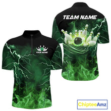 Load image into Gallery viewer, Mens bowling shirts Custom green lightning thunder flame Bowling Team Jersey, gift for team Bowlers NQS10388