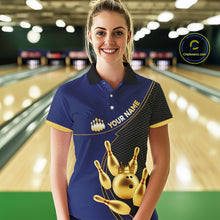 Load image into Gallery viewer, Blue and Gold Bowling shirts for Women Custom Team Bowling Polo, 1/4 zip Shirt bowlers Outfit NQS10986