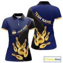 Load image into Gallery viewer, Blue and Gold Bowling shirts for Women Custom Team Bowling Polo, 1/4 zip Shirt bowlers Outfit NQS10986