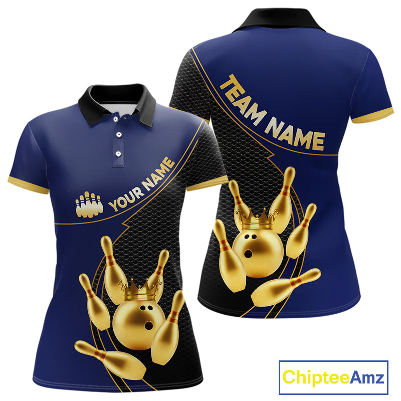 Blue and Gold Bowling shirts for Women Custom Team Bowling Polo, 1/4 zip Shirt bowlers Outfit NQS10986
