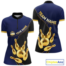 Load image into Gallery viewer, Blue and Gold Bowling shirts for Women Custom Team Bowling Polo, 1/4 zip Shirt bowlers Outfit NQS10986
