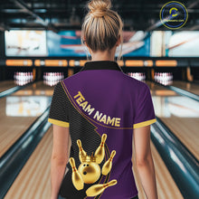 Load image into Gallery viewer, Purple and Gold Bowling shirts for Women Custom Team Bowling Polo, 1/4 zip Shirt bowlers Outfit NQS10987