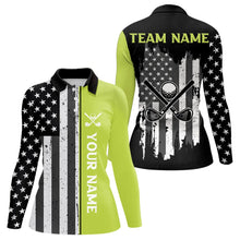 Load image into Gallery viewer, Black White Retro American Flag Golf Polo Shirt for Women Custom Patriotic Golf Team Shirt | Green NQS9637