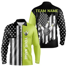 Load image into Gallery viewer, Black White Retro American Flag Bowling Shirts For Men Custom Patriotic Bowling Team Jersey | Green NQS9638
