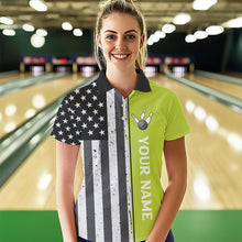 Load image into Gallery viewer, Black White Retro American Flag Bowling Shirts For Women Custom Patriotic Bowling Team Jersey | Green NQS9638
