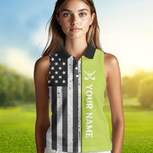 Load image into Gallery viewer, Black White Retro American Flag Women Sleeveless Polo Shirt Custom Patriotic Golf Team Shirt | Green NQS9637