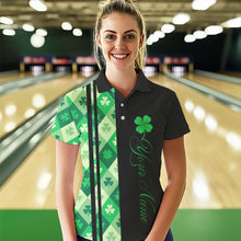Load image into Gallery viewer, Black and Green Argyle Clover pattern Women Bowling Shirts Custom St patrick Day Bowling Team Jersey NQS9639