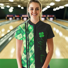 Load image into Gallery viewer, Black and Green Argyle Clover pattern Women Bowling Shirts Custom St patrick Day Bowling Team Jersey NQS9639
