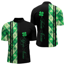 Load image into Gallery viewer, Black and Green Argyle Clover pattern Men Bowling Shirts Custom St patrick Day Bowling Team Jersey NQS9639