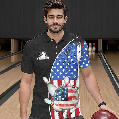 Black Camo Bowling Polo, 1/4 Zip Shirts For Men Custom American Flag Patriotic Bowling Team Jersey NQS9640