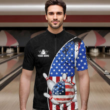 Load image into Gallery viewer, Black Camo Bowling Polo, 1/4 Zip Shirts For Men Custom American Flag Patriotic Bowling Team Jersey NQS9640