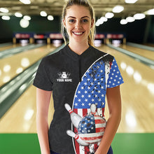 Load image into Gallery viewer, Black Camo Bowling Polo, 1/4 Zip Shirts For Women Custom American Flag Patriotic Bowling Team Jersey NQS9640