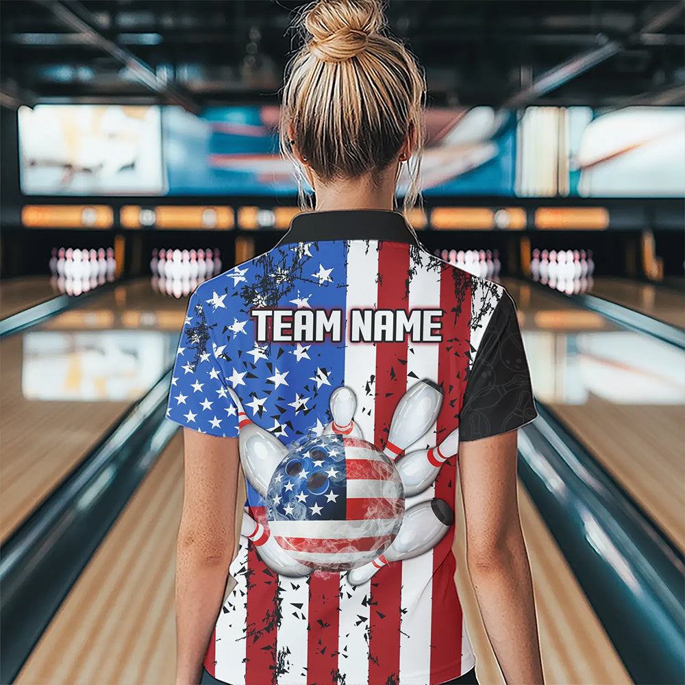 Black Camo Bowling Polo, 1/4 Zip Shirts For Women Custom American Flag Patriotic Bowling Team Jersey NQS9640