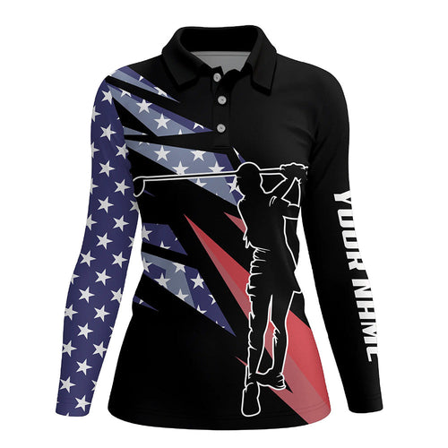 American flag black Women golf polo shirts custom ladies golf shirt for women, gift for golf lovers NQS7418