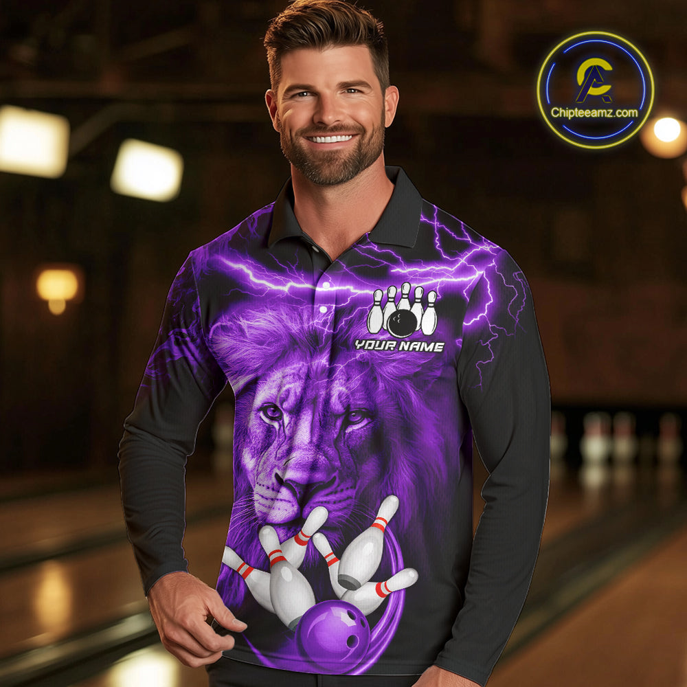 Personalized Purple Lightning Thunder Storm Lion Bowling Shirts For Men Custom Bowling Team Jerseys NQS9839