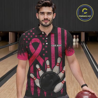 Black and Pink ribbon American Flag Breast Cancer Bowling Shirts For Men Custom Bowling Team Jerseys NQS9841