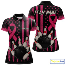 Load image into Gallery viewer, Black and Pink ribbon American Flag Breast Cancer Bowling Shirts For Women Custom Bowling Team Jerseys NQS9841