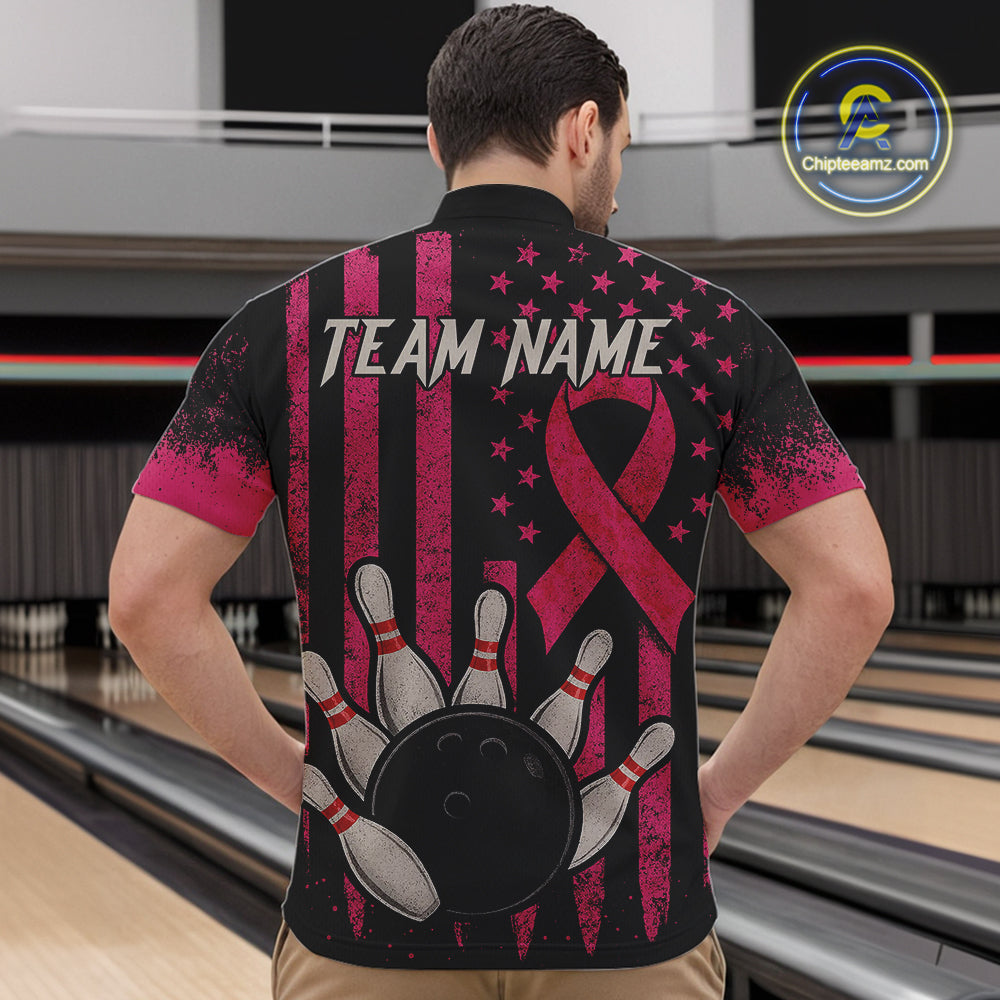 Black and Pink ribbon American Flag Breast Cancer Bowling Shirts For Men Custom Bowling Team Jerseys NQS9841