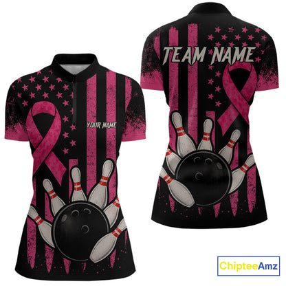 Black and Pink ribbon American Flag Breast Cancer Bowling Shirts For Women Custom Bowling Team Jerseys NQS9841