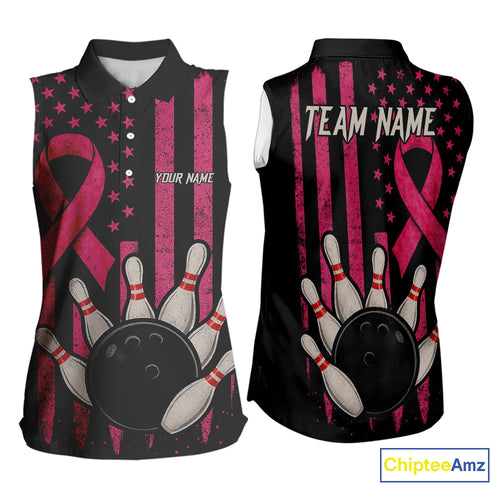 Black and Pink ribbon American Flag Breast Cancer Sleeveless Polo Shirt Custom Bowling Team Shirts NQS9841