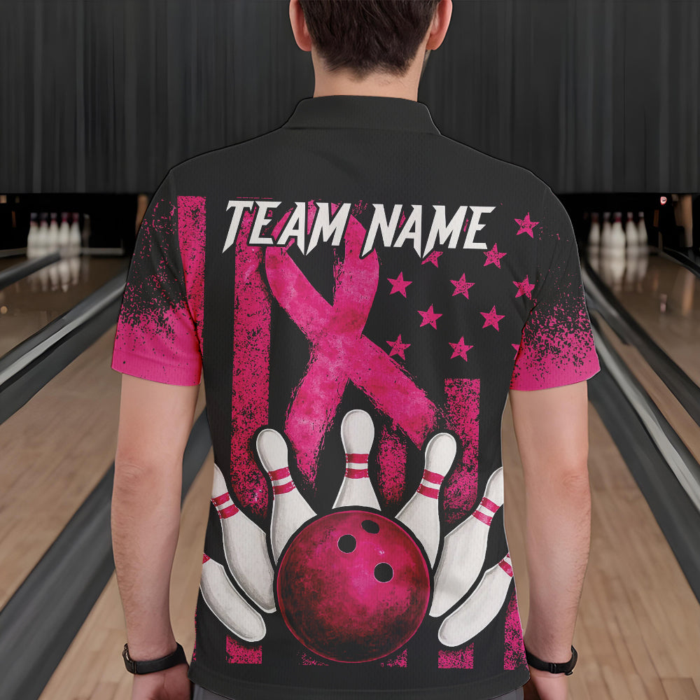 Breast Cancer Bowling Shirts For Men Custom Black and Pink ribbon American Flag Bowling Team Jerseys NQS9842