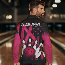Load image into Gallery viewer, Breast Cancer Bowling Shirts For Men Custom Black and Pink ribbon American Flag Bowling Team Jerseys NQS9842