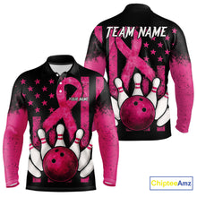 Load image into Gallery viewer, Breast Cancer Bowling Shirts For Men Custom Black and Pink ribbon American Flag Bowling Team Jerseys NQS9842