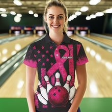 Load image into Gallery viewer, Breast Cancer Bowling Shirts For Women Custom Black and Pink ribbon American Flag Bowling Team Jerseys NQS9842