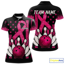 Load image into Gallery viewer, Breast Cancer Bowling Shirts For Women Custom Black and Pink ribbon American Flag Bowling Team Jerseys NQS9842