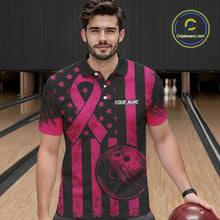 Load image into Gallery viewer, Black and Pink ribbon American Flag Bowling Shirts For Men Custom Breast Cancer team bowling shirts NQS9843