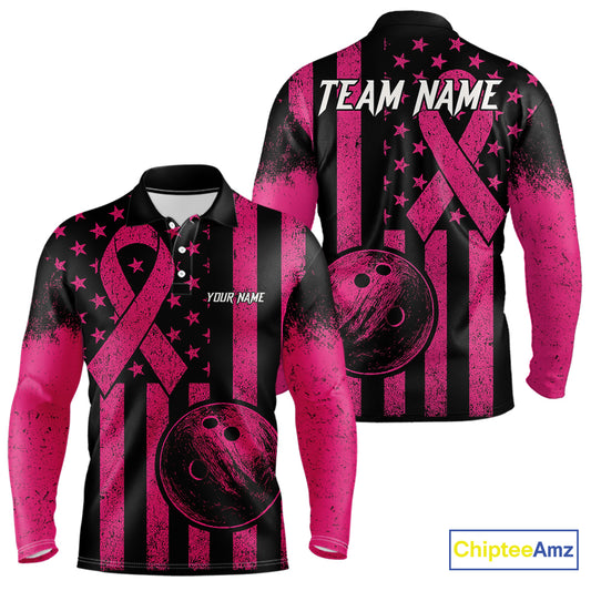 Black and Pink ribbon American Flag Bowling Shirts For Men Custom Breast Cancer team bowling shirts NQS9843
