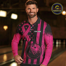 Load image into Gallery viewer, Black and Pink ribbon American Flag Bowling Shirts For Men Custom Breast Cancer team bowling shirts NQS9843