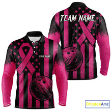 Load image into Gallery viewer, Black and Pink ribbon American Flag Bowling Shirts For Men Custom Breast Cancer team bowling shirts NQS9843