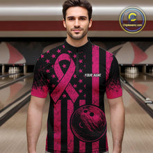 Load image into Gallery viewer, Black and Pink ribbon American Flag Bowling Shirts For Men Custom Breast Cancer team bowling shirts NQS9843