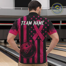 Load image into Gallery viewer, Black and Pink ribbon American Flag Bowling Shirts For Men Custom Breast Cancer team bowling shirts NQS9843