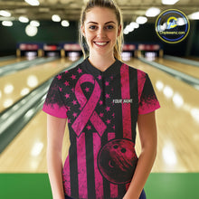 Load image into Gallery viewer, Black and Pink ribbon American Flag Bowling Shirts For Women Custom Breast Cancer team bowling shirts NQS9843