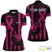Load image into Gallery viewer, Black and Pink ribbon American Flag Bowling Shirts For Women Custom Breast Cancer team bowling shirts NQS9843