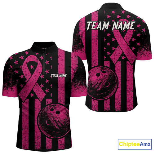 Black and Pink ribbon American Flag Bowling Shirts For Men Custom Breast Cancer team bowling shirts NQS9843