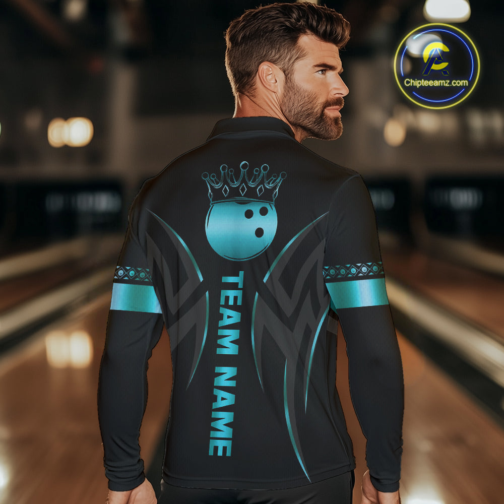 Black and Cyan Blue crown Bowling ball Polo, Quarter Zip Shirts for Men Custom Bowling Team jerseys NQS10075