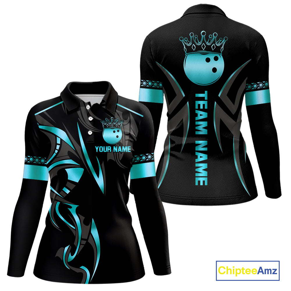 Black and Cyan Blue crown Bowling ball Polo, Quarter Zip Shirts for Women Custom Bowling Team jerseys NQS10075