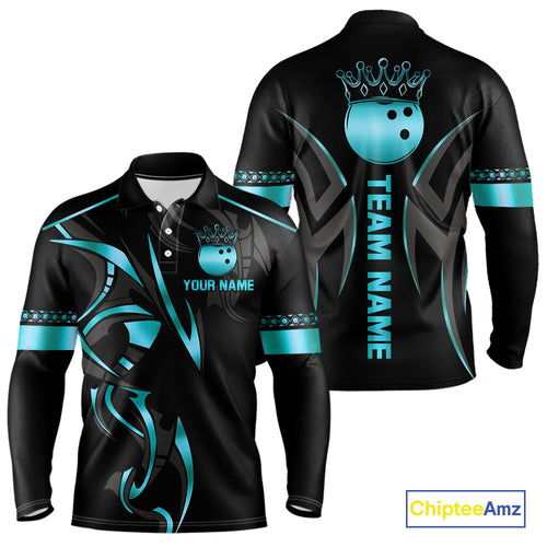 Black and Cyan Blue crown Bowling ball Polo, Quarter Zip Shirts for Men Custom Bowling Team jerseys NQS10075