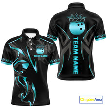 Load image into Gallery viewer, Black and Cyan Blue crown Bowling ball Polo, Quarter Zip Shirts for Men Custom Bowling Team jerseys NQS10075