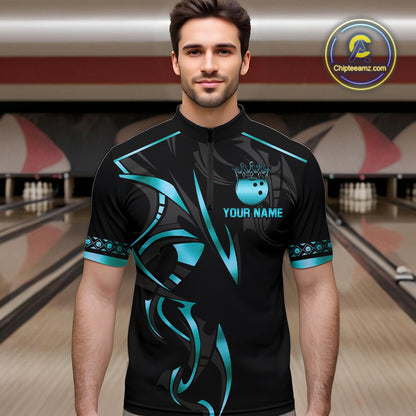 Black and Cyan Blue crown Bowling ball Polo, Quarter Zip Shirts for Men Custom Bowling Team jerseys NQS10075