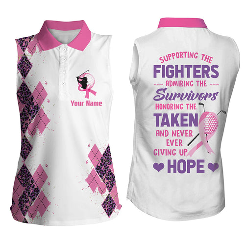 Pink leopard argyle white Womens sleeveless polo shirt custom Breast Cancer Awareness ladies golf tops NQS6083