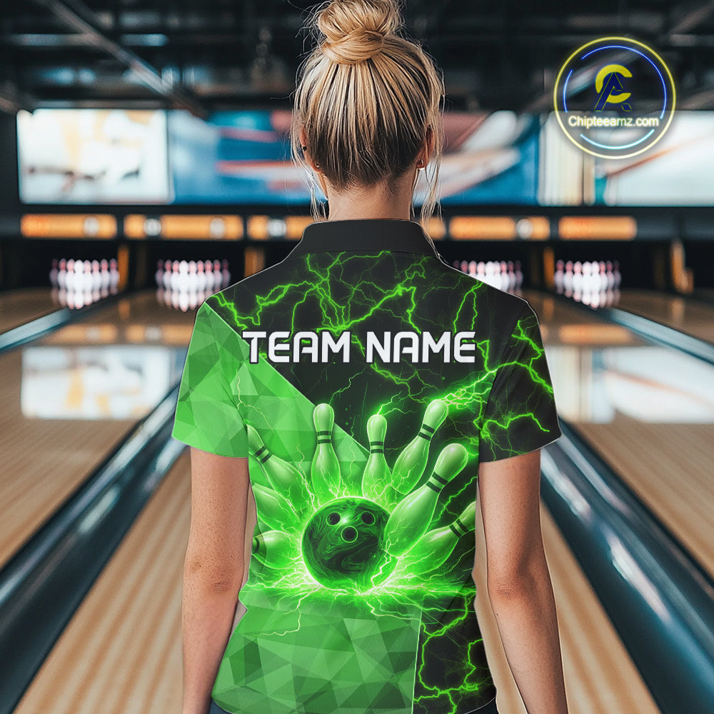 Green Thunder Lightning Bowling Polo, Quarter Zip Shirts For Women Custom Team Bowling Outfit NQS10821