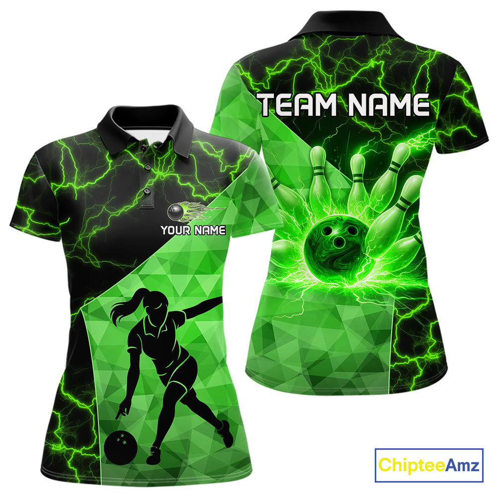 Green Thunder Lightning Bowling Polo, Quarter Zip Shirts For Women Custom Team Bowling Outfit NQS10821