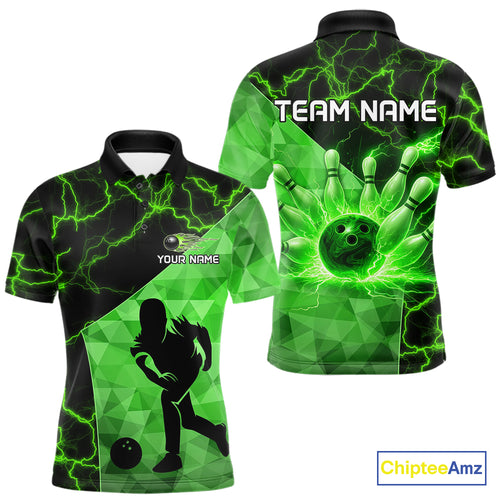 Green Thunder Lightning Bowling Polo, Quarter Zip Shirts For Men Custom Team Bowling Outfit NQS10821